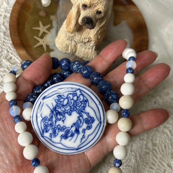 🖤Vtg Chinese Porcelain & marble glass stone necklace